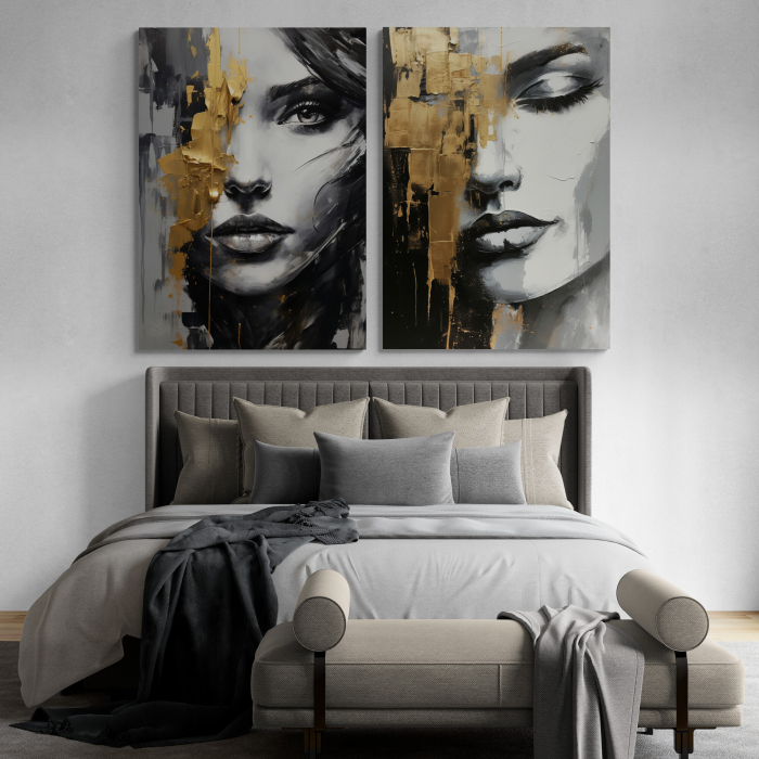 Tablou canvas, modern, portret femeie senzuala in stil abstract, gri auriu, pentru dormitor [1]