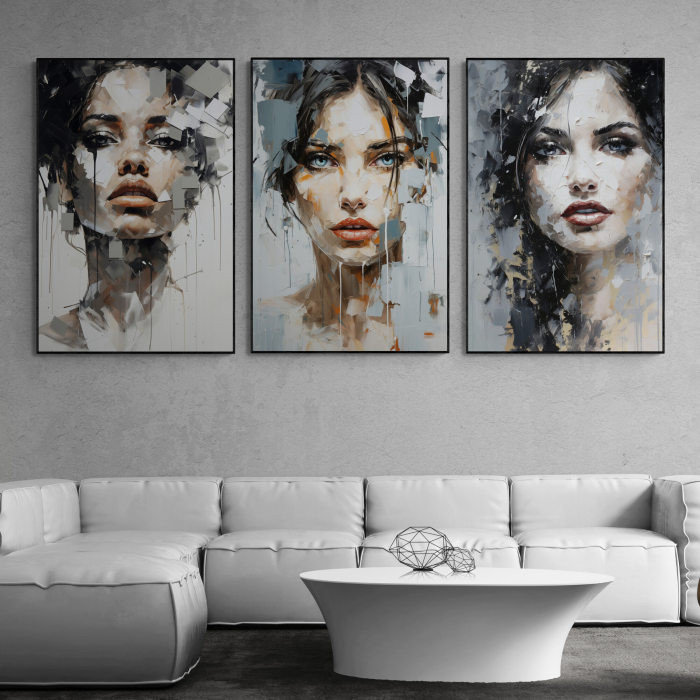 Tablou canvas, modern, portret femeie senzuala in stil abstract, alb gri, pentru living [1]