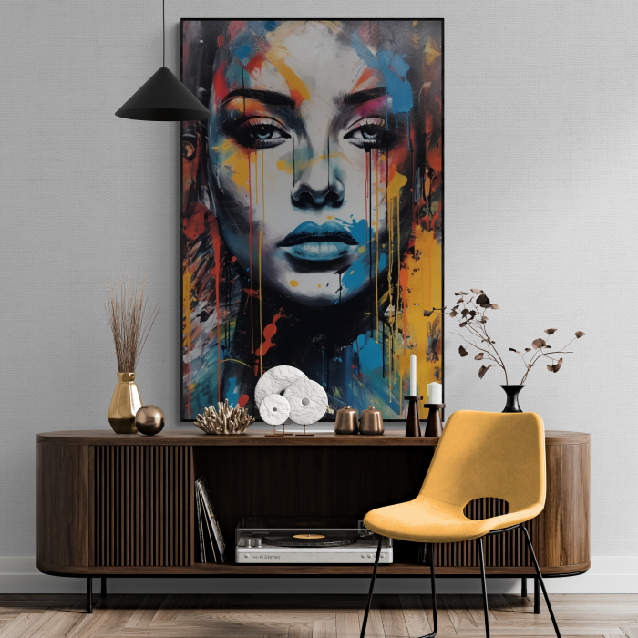 Tablou canvas, modern, portret femeie senzuala in stil abstract, albastru portocaliu, pentru hol [1]