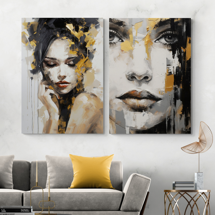 Tablou canvas, modern, portret femeie senzuala in stil abstract, crem galben, pentru birou [1]