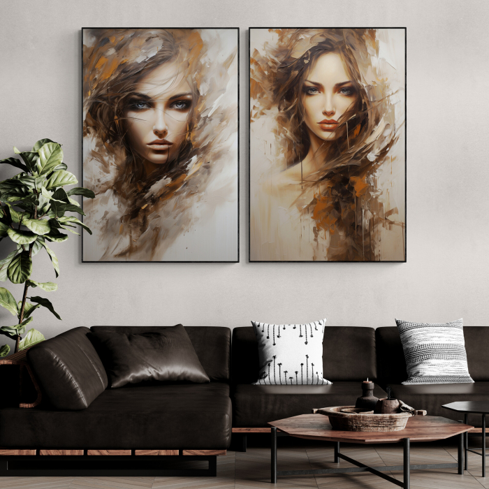 Tablou canvas, modern, portret femeie senzuala in stil abstract, crem maro, pentru living [1]