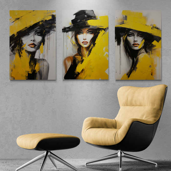 Tablou canvas, modern, portret femeie senzuala in stil abstract, galben, pentru hol [1]