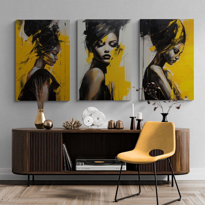 Tablou canvas, modern, portret femeie senzuala in stil abstract, galben, pentru hol [1]