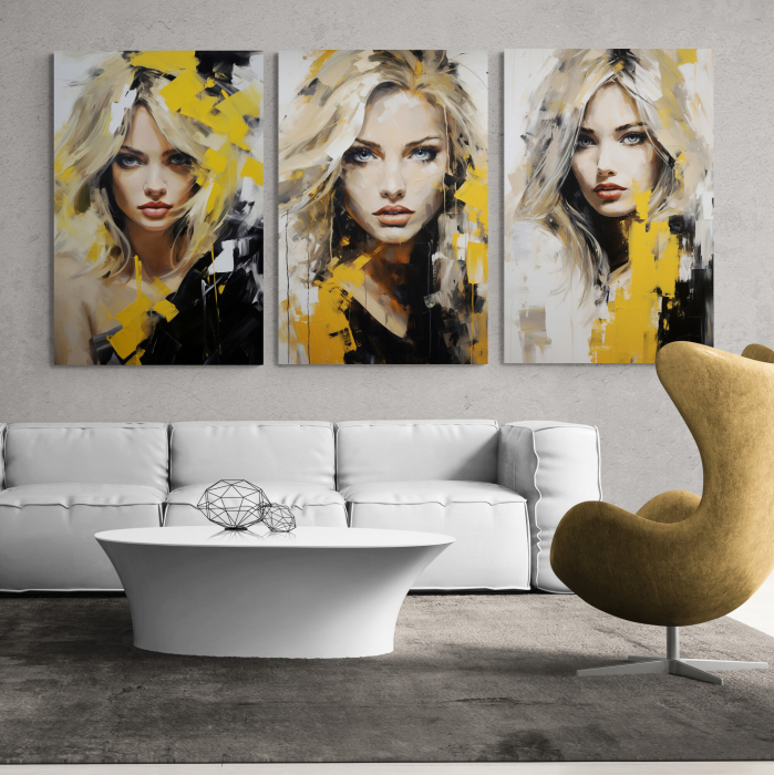 Tablou canvas, modern, portret femeie senzuala in stil abstract, galben, pentru living [1]