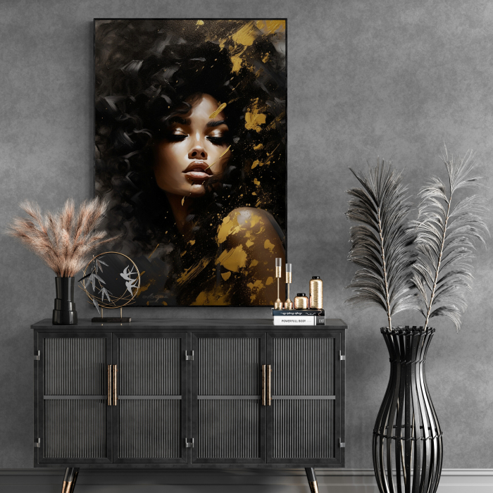 Tablou canvas, modern, portret femeie senzuala in stil abstract, maro auriu, pentru studiou [1]