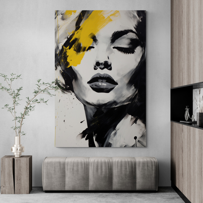 Tablou canvas, modern, portret femeie senzuala,in stil abstract, nuante de galben, pentru hotel [1]