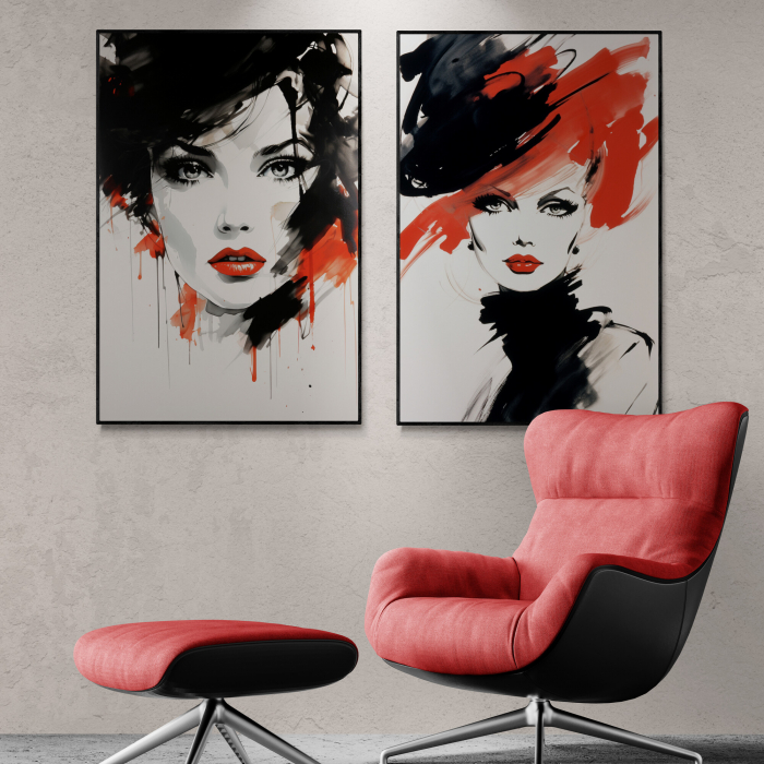 Tablou canvas, modern, portret femeie senzuala,in stil abstract, nuante de rosu, negru, pentru hotel [1]
