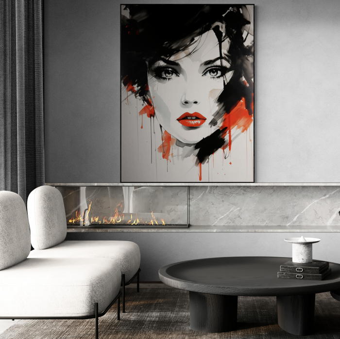 Tablou canvas, modern, portret femeie senzuala,in stil abstract, nuante de rosu, negru, pentru hotel [2]