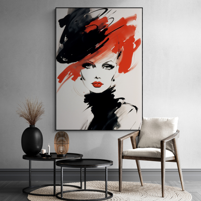 Tablou canvas, modern, portret femeie senzuala,in stil abstract, nuante de rosu, negru, pentru hotel [3]