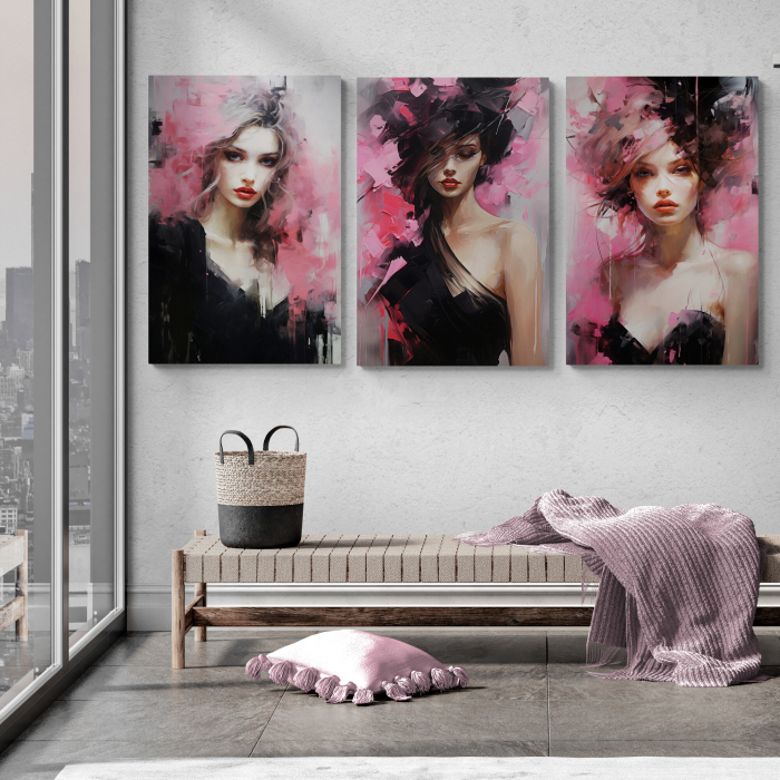 Tablou canvas, modern, portret femeie senzuala in stil abstract, roz, pentru hol [1]