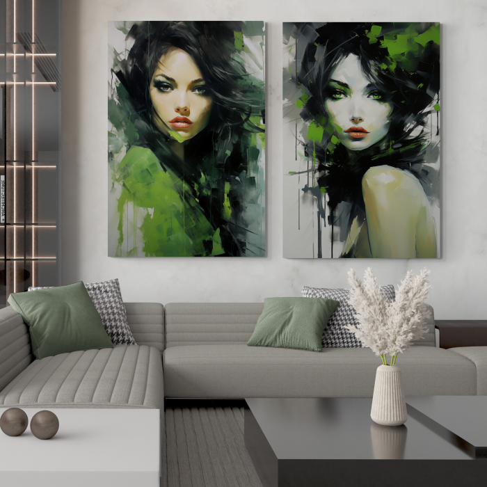 Tablou canvas, modern, portret femeie senzuala in stil abstract, verde, pentru living [1]