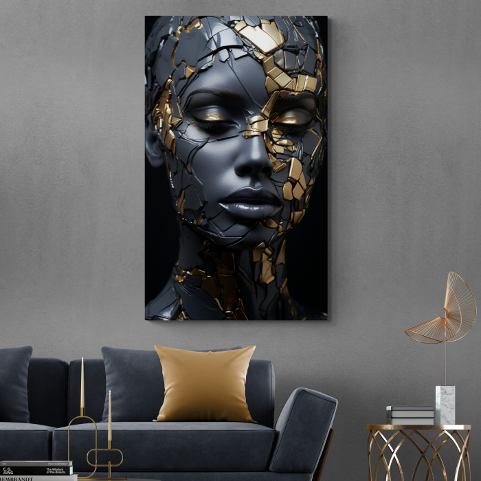 Tablou canvas, modern, portret femeie senzuala, negresa, in nuante de negru, auriu, pentru birou [1]