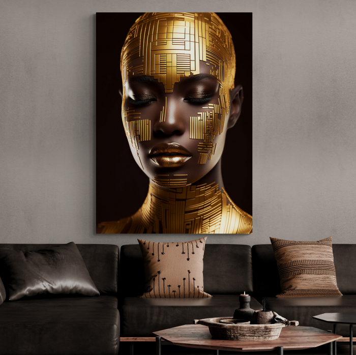 Tablou canvas, modern, portret femeie senzuala, negresa, in nuante de negru, auriu, pentru cafenea [1]