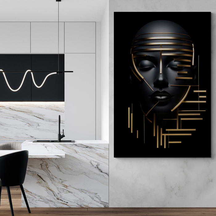 Tablou canvas, modern, portret femeie senzuala, negresa, in nuante de negru, auriu, pentru living [1]