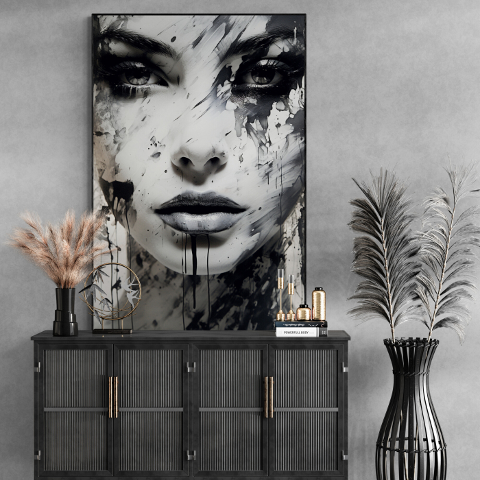 Tablou canvas, modern, portret femeie, stil abstract, nuante de alb negru, pentru holtel [1]