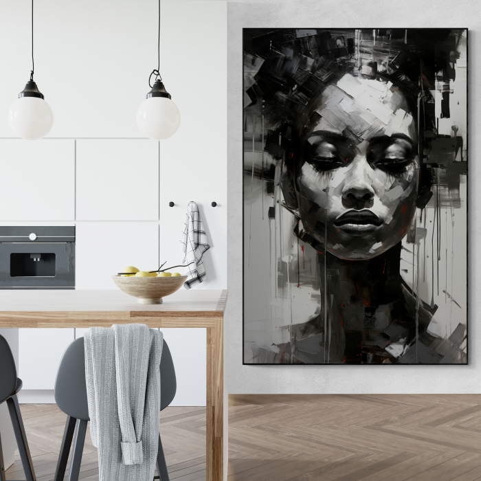 Tablou canvas, modern, portret femeie, stil abstract, nuante de alb negru, pentru living [1]