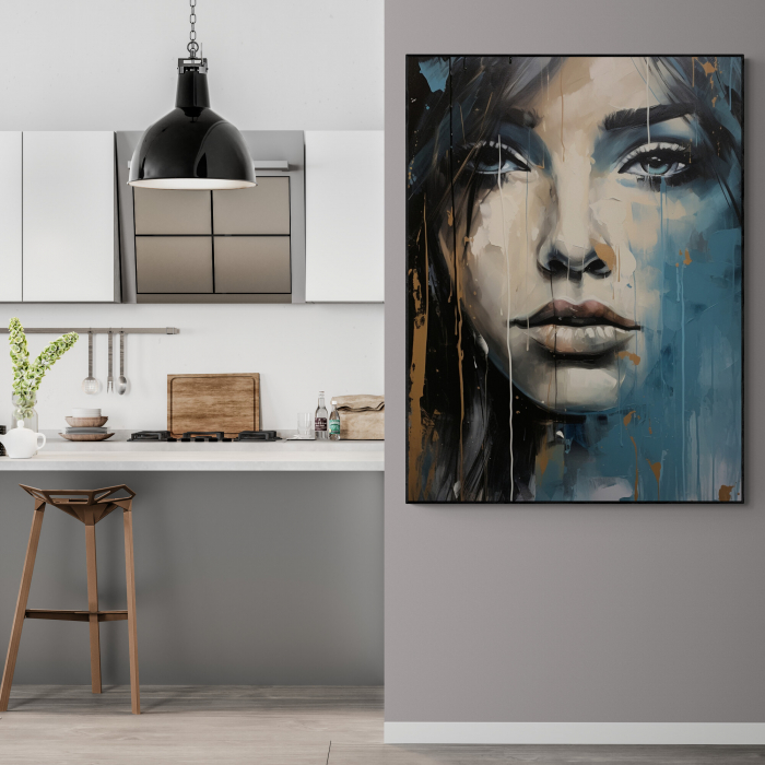 Tablou canvas, modern, portret femeie, stil abstract, nuante de albastru, pentru living [1]