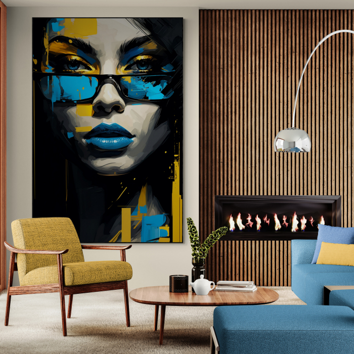 Tablou canvas, modern, portret femeie, stil abstract, nuante de albastru si galben, pentru living [1]
