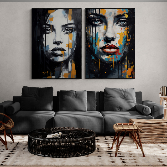 Tablou canvas, modern, portret femeie, stil abstract, nuante de albastru si portocaliu, pentru living [1]