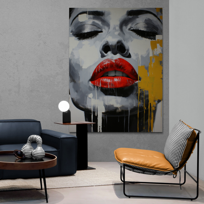 Tablou canvas, modern, portret femeie, stil abstract, nuante de gri, rosu, galben, pentru salon [1]