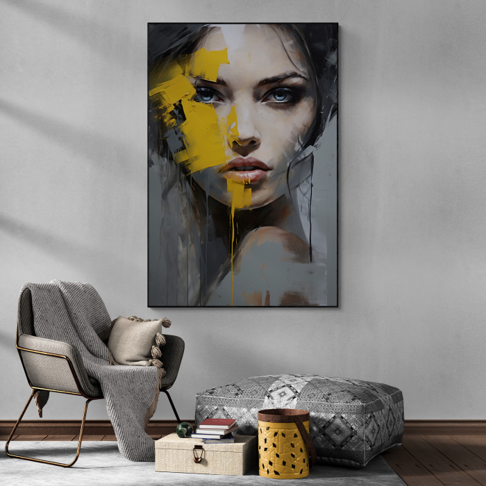Tablou canvas, modern, portret femeie, stil abstract, nuante de gri si galben, pentru salon [1]