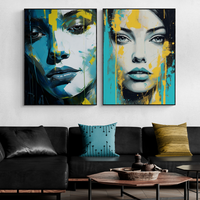 Tablou canvas, modern, portret femeie, stil abstract, nuante de turcuaz si galben, pentru hol [2]
