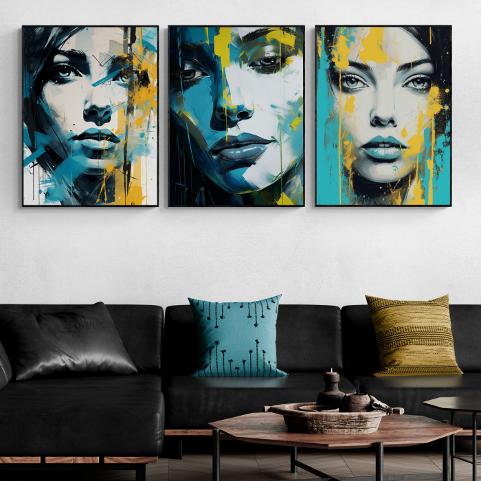 Tablou canvas, modern, portret femeie, stil abstract, nuante de turcuaz si galben, pentru hol [1]