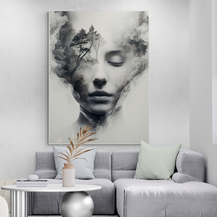 Tablou canvas, modern, portret in dubla expunere cu natura, in nuante de gri, pentru hotel la munte [1]