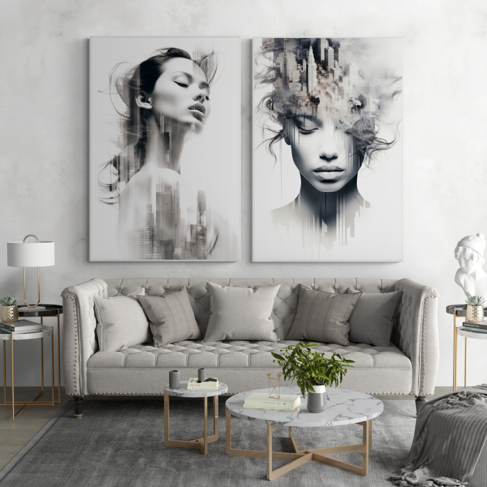Tablou canvas, modern, portret in dubla expunere cu oras, in nuante de gri, pentru hotel [1]