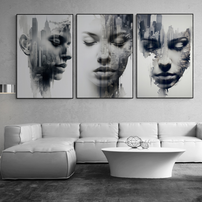 Tablou canvas, modern, portret in dubla expunerecu oras, in nuante de gri, pentru hotel [1]