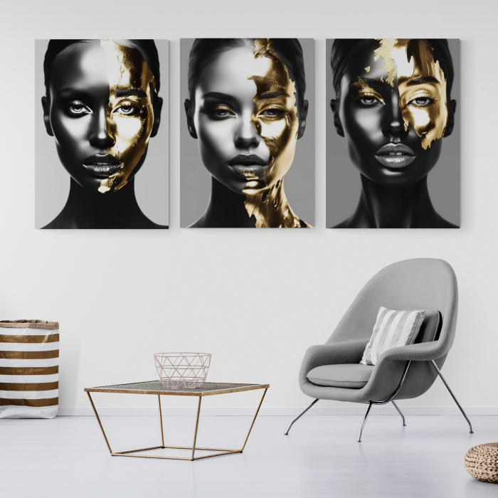 Tablou canvas, modern, portret negresa senzuala, in nuante de gri, auriu pentru cafenea [1]