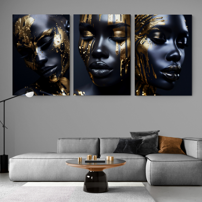 Tablou canvas, modern, portret negresa senzuala, in nuante de negru, auriu pentru living [1]