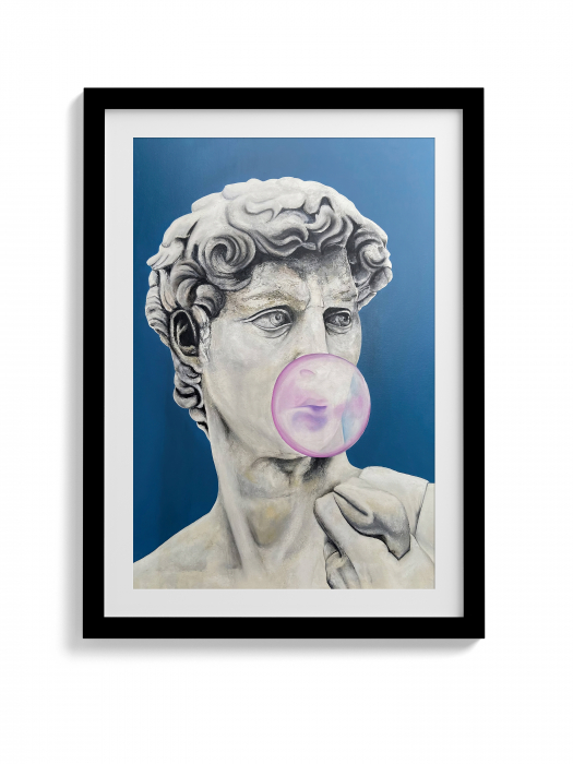 Tablou canvas modern cu statuie David pe fundal galben și albastru. [3]