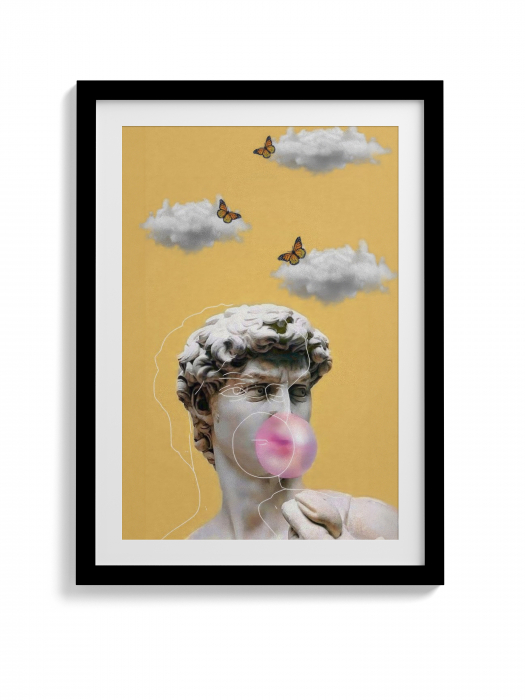 Tablou canvas modern cu statuie David pe fundal galben și albastru. [2]