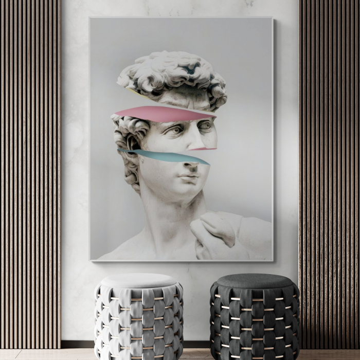 Tablou canvas modern cu portret stilizat al statuii David pe fundal gri. [1]