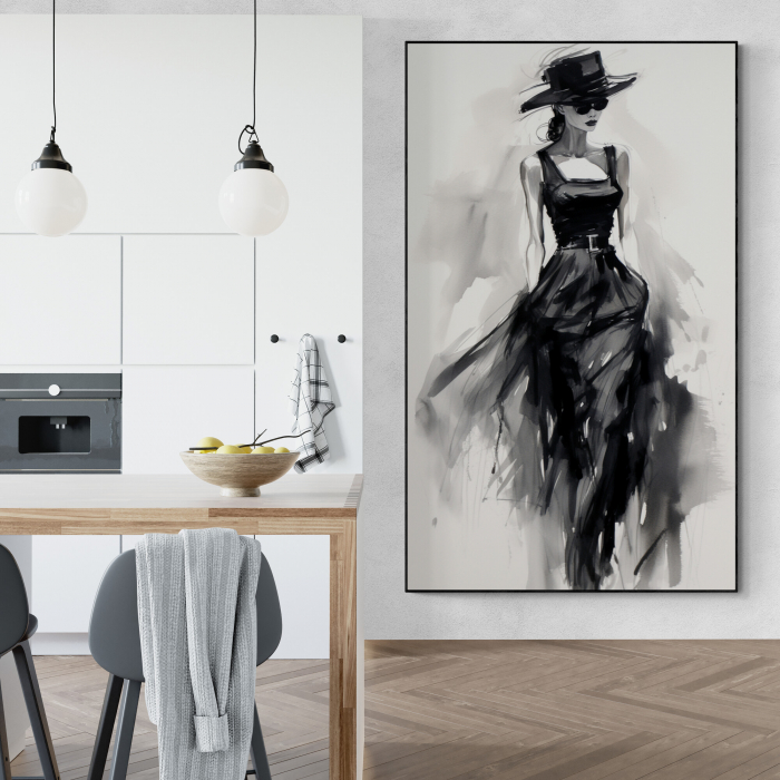Tablou canvas, modern, silueta femeie cu palarie, fashionin, elegant stil abstract, nuante alb negru, pentru hotel [1]