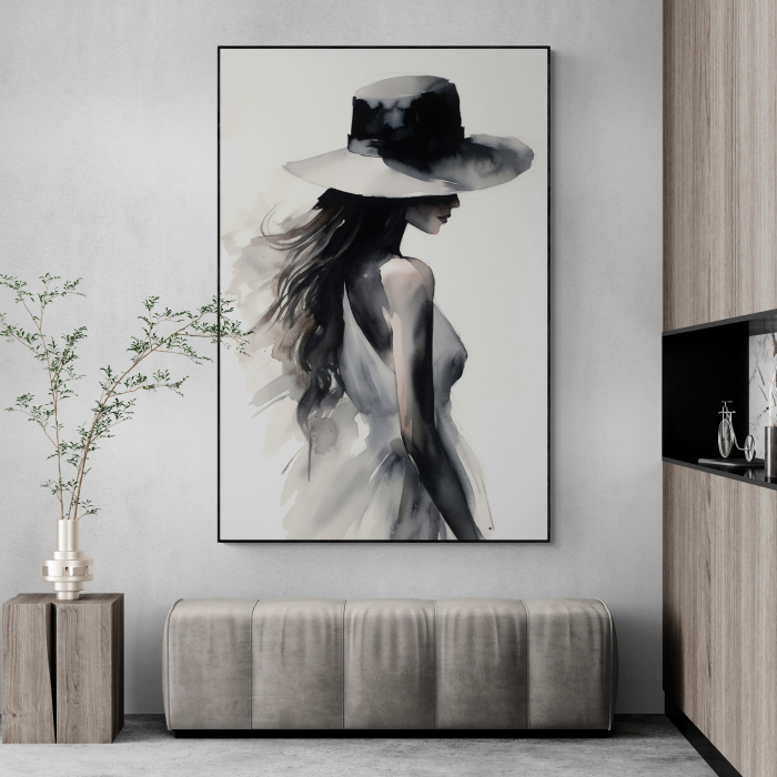 Tablou canvas, modern, silueta femeie eleganta cu palarie, fashionin, stil abstract, alb negru, pentru magazin [1]