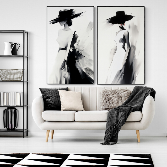 Tablou canvas, modern, silueta femeie eleganta, cu palarie, fashionin, stil abstract, alb negru, pentru showroom [1]