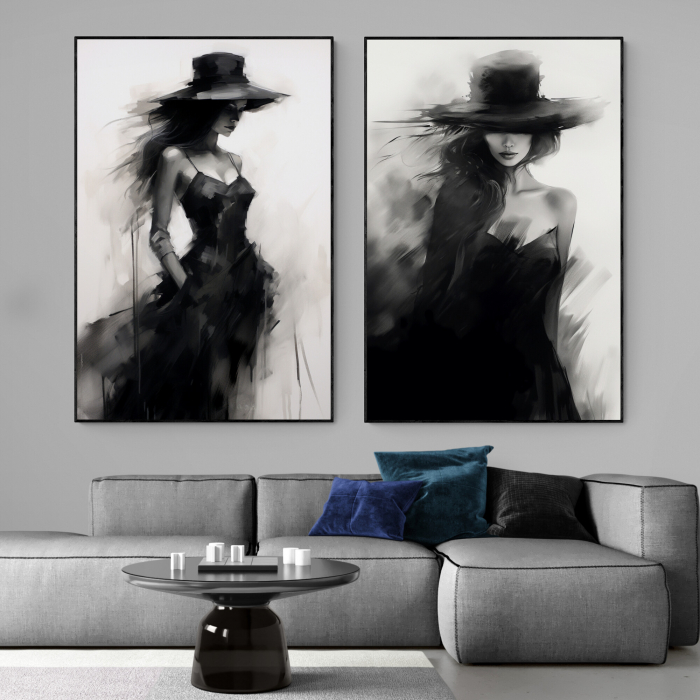 Tablou canvas, modern, silueta femeie eleganta cu palarie, fashionin, stil abstract, alb negru, pentru showroom- Copie [1]