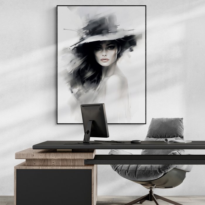 Tablou canvas, modern, silueta femeie eleganta cu palarie, fashionin, stil abstract, pentru hotel [1]