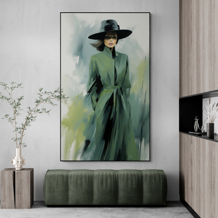 Tablou canvas, modern, silueta femeie eleganta cu palarie, fashionin, stil abstract, verde, pentru hotel [1]
