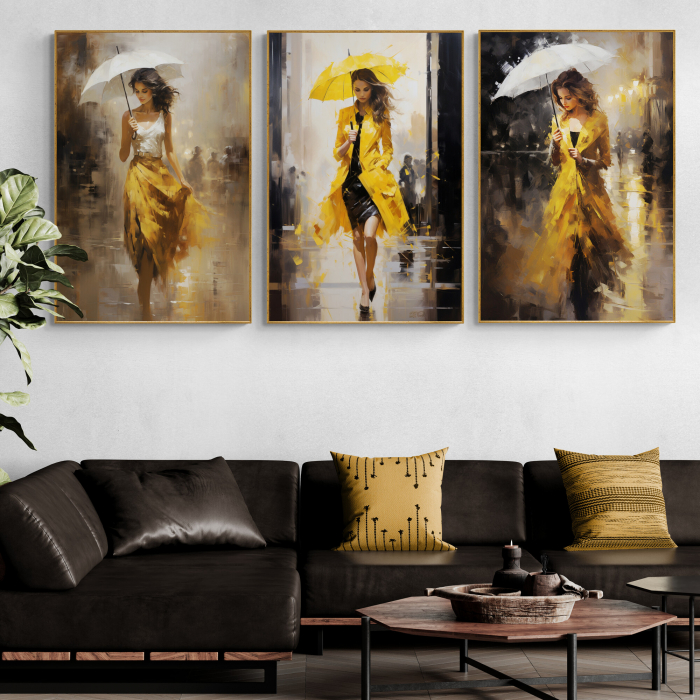 Tablou canvas, modern, silueta femeie eleganta cu umbrela, fashionin, stil abstract, galben, pentru living [1]