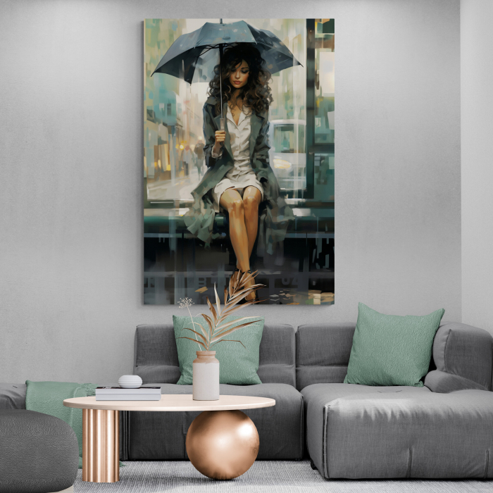 Tablou canvas, modern, silueta femeie eleganta cu umbrela, fashionin, stil abstract, verde, pentru living [1]