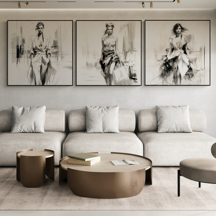 Tablou canvas, modern, silueta femeie eleganta, fashionin, stil abstract abl negru, pentru hotel [1]