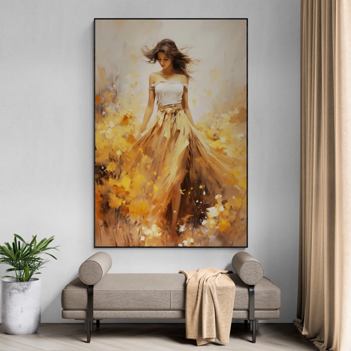 Tablou canvas, modern, silueta femeie eleganta, fashionin, stil abstract ,cu nuante de galben, pentru birou [1]