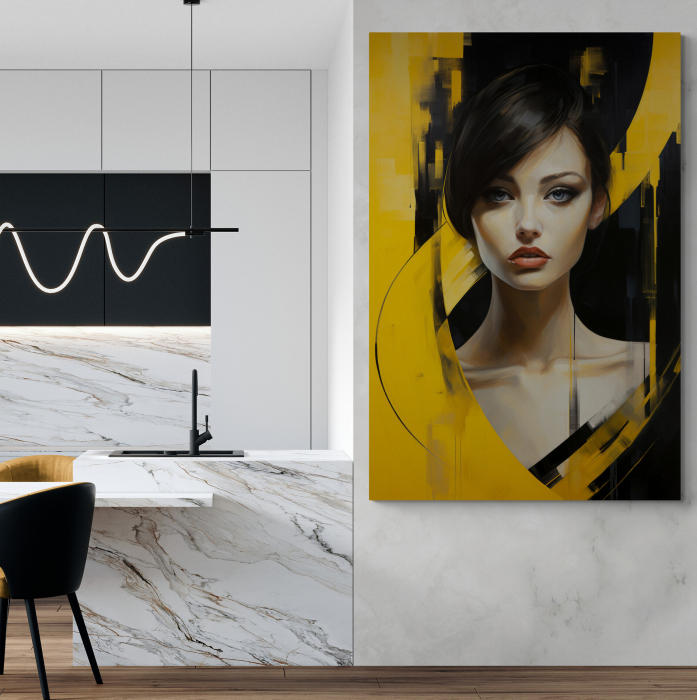 Tablou canvas, modern, silueta femeie eleganta, fashionin, stil abstract, galben, pentru living [1]