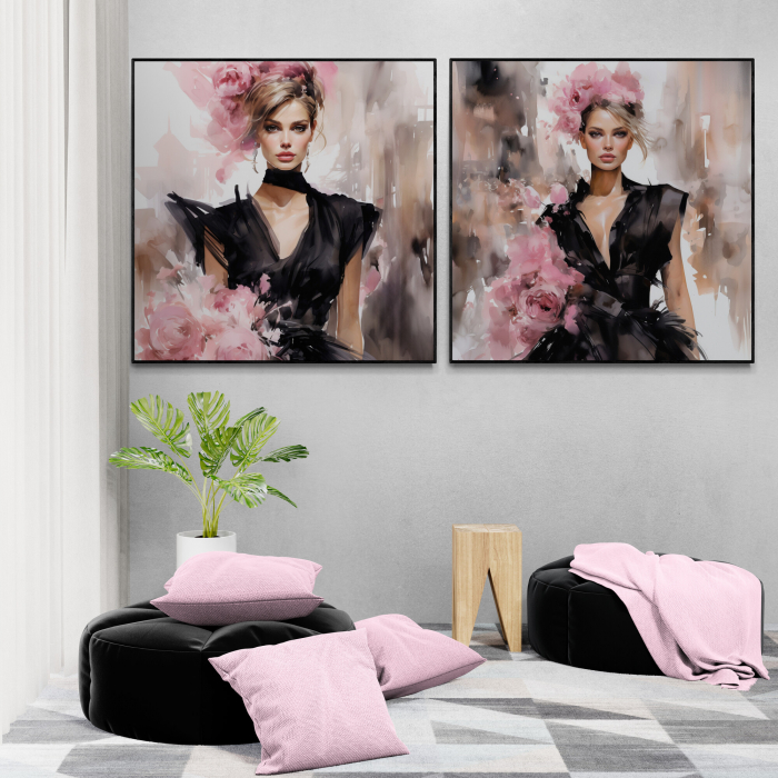 Tablou canvas, modern, silueta femeie eleganta, fashionin, stil abstract, nuante de roz, pentru magazin [1]