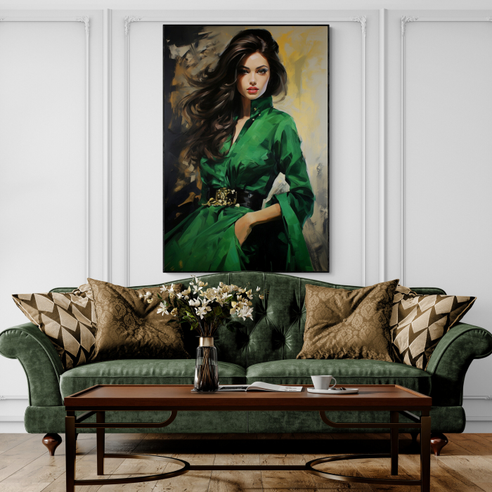 Tablou canvas, modern, silueta femeie eleganta, fashionin, stil abstract, nuante de verde, pentru birou [1]