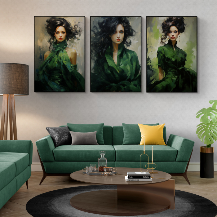 Tablou canvas, modern, silueta femeie eleganta, fashionin, stil abstract, nuante de verde, pentru salon [1]