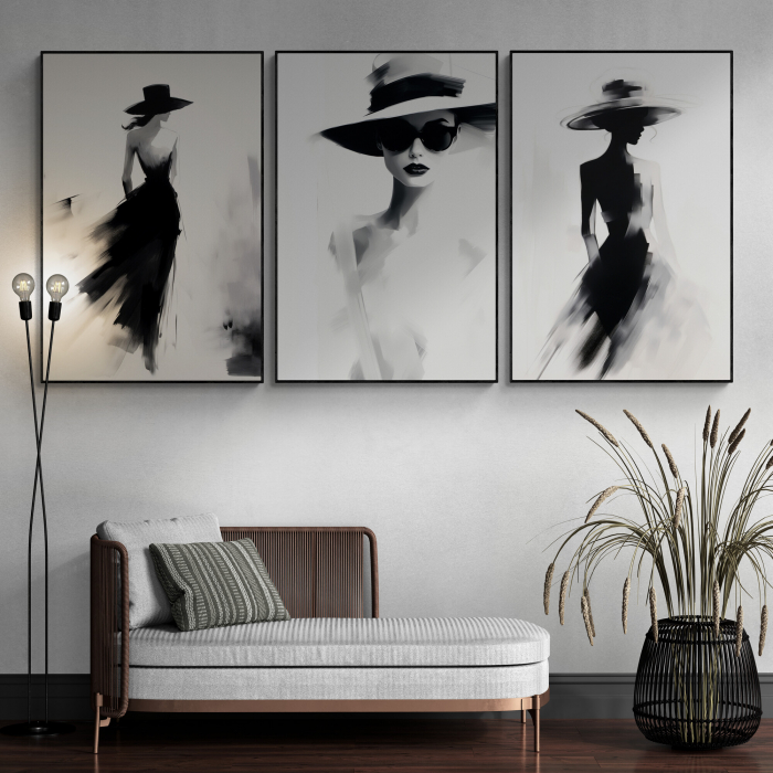 Tablou canvas, modern, silueta femeie cu palarie, fashionin, elegant stil abstract, nuante deschise, pentru hotel [1]